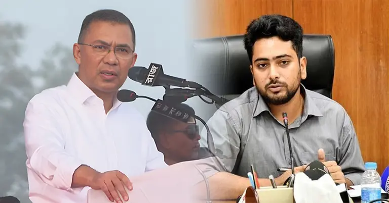 সংবর্ধনা মঞ্চে তারেক রহমান; নাহিদ ইসলাম